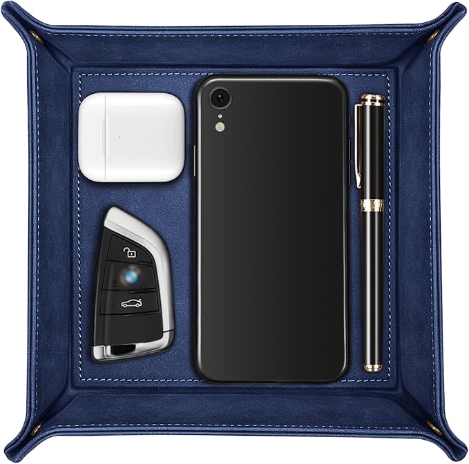 SITHON Valet Tray Desktop Storage Organizer â Premium PU Leather Catchall Bedside Vanity Tray Nightstand Caddy Holder for Remote Controller, Keys, Phone, Wallet, Coin, Jewelry, Dark Blue