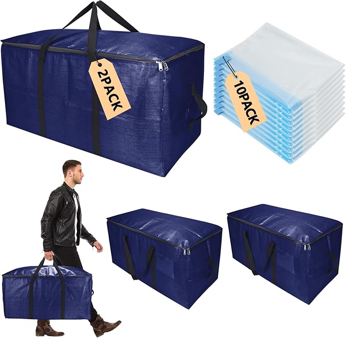 Extra Large Storage Bags Set Heavy Duty Moving Totes With Backpack Straps â Strong Handles & Zippers, (Blue, 12 Park-2 Moving bag & 10 Vacuum Seal Bags)