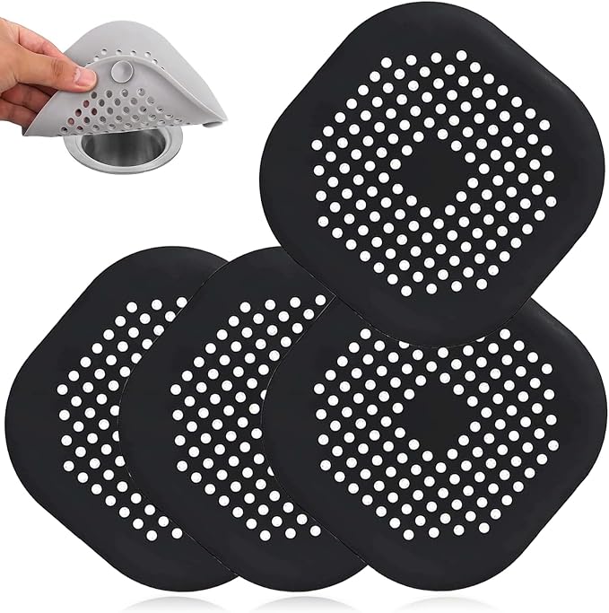 4 Pack Drain Hair Catcher Durable Silicone Hair Stopper Shower Drain Covers Easy to Install and Clean Suit for Bathroom Bathtub and Kitchen (Square Black 4Pack)