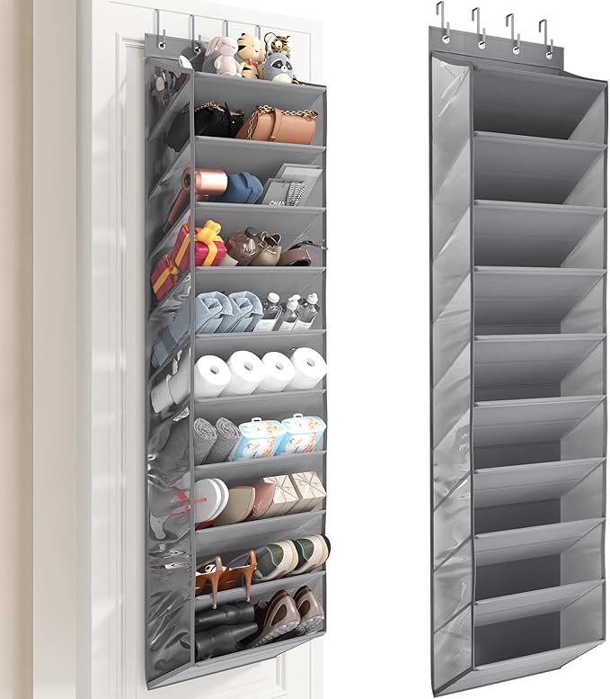 10 Tier Clear Over the Door Shoe Organizer with Deep Pockets, Door Shoes Rack with Hard Tube to Keep the Shape, Hanging Shoe Rack for Closet Organizers & Storage, Behind Door Shoe Holder Grey