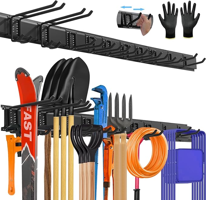 64'' All-Metal Garage Tool Organizer Wall Mount â Heavy-Duty Tool Rack Holds 680 lbs, Adjustable Hooks for Garage, Yard, and Garden Equipment
