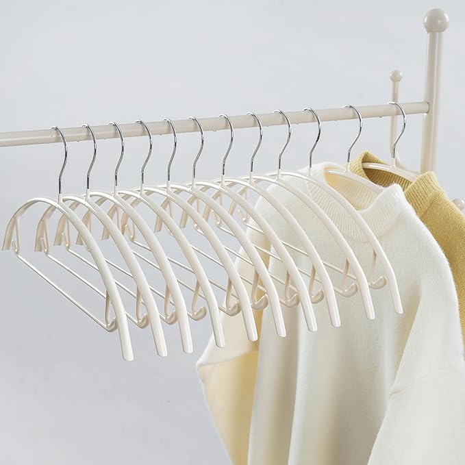 16.5 Inch Ivory No Shoulder Bumps No Mark Non-Slip Rubber Coated Contour Meta Hanger for Sweater T-Shirt Suit Coat Uniform with Pants Bar Pack of 10
