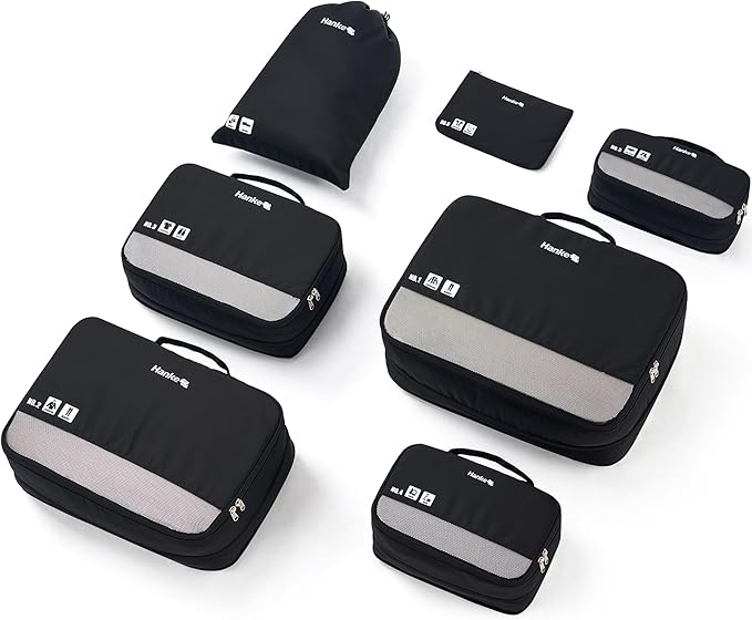 Hanke 7 Set Compression Packing Cubes for Travel, Expandable Large Packing Cubes for Suitcases and Backpack, Luggage Packing Organizer Bags with Double Zipper as Travel Essentials