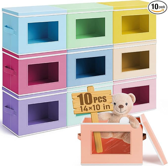 10 Pcs Fabric Storage Bins with Lid 14x10 Inch Stuffed Animal Storage Boxes with Window Handle Collapsible Cube Organizer Basket for Shelves Closet Bedroom Office Clothes Books (Pastel)