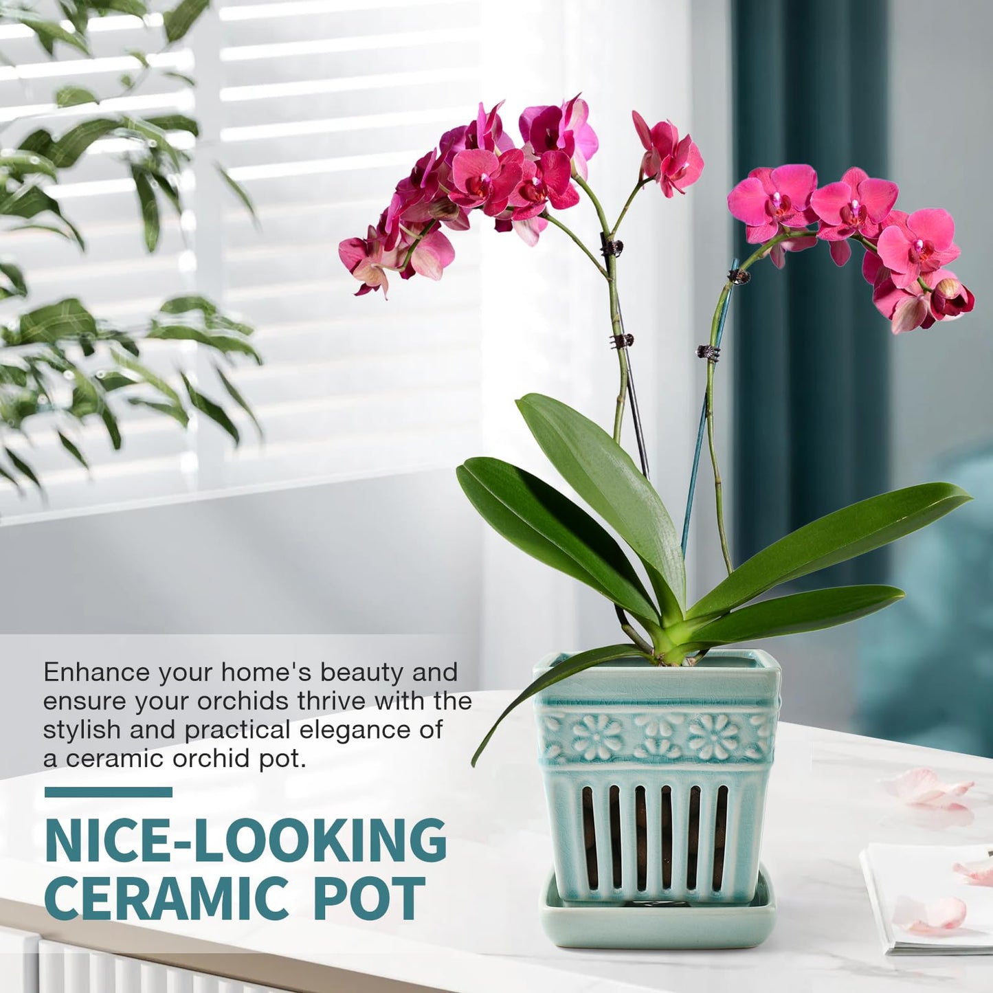 SUADEN Orchid Pots with Holes | 5" Ceramic Orchid Planter with Separate Saucer and Drainage Holes | Crackle Glazed Pottery Small Flower Pot for Repotting Orchids(Blue)"