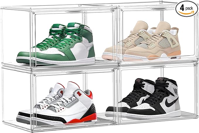 4 Pack Clear Shoe Storage Boxes Stackable Shoes Organizer Acylic Boots Sneaker Display Case with Magnetic Lid,Size14