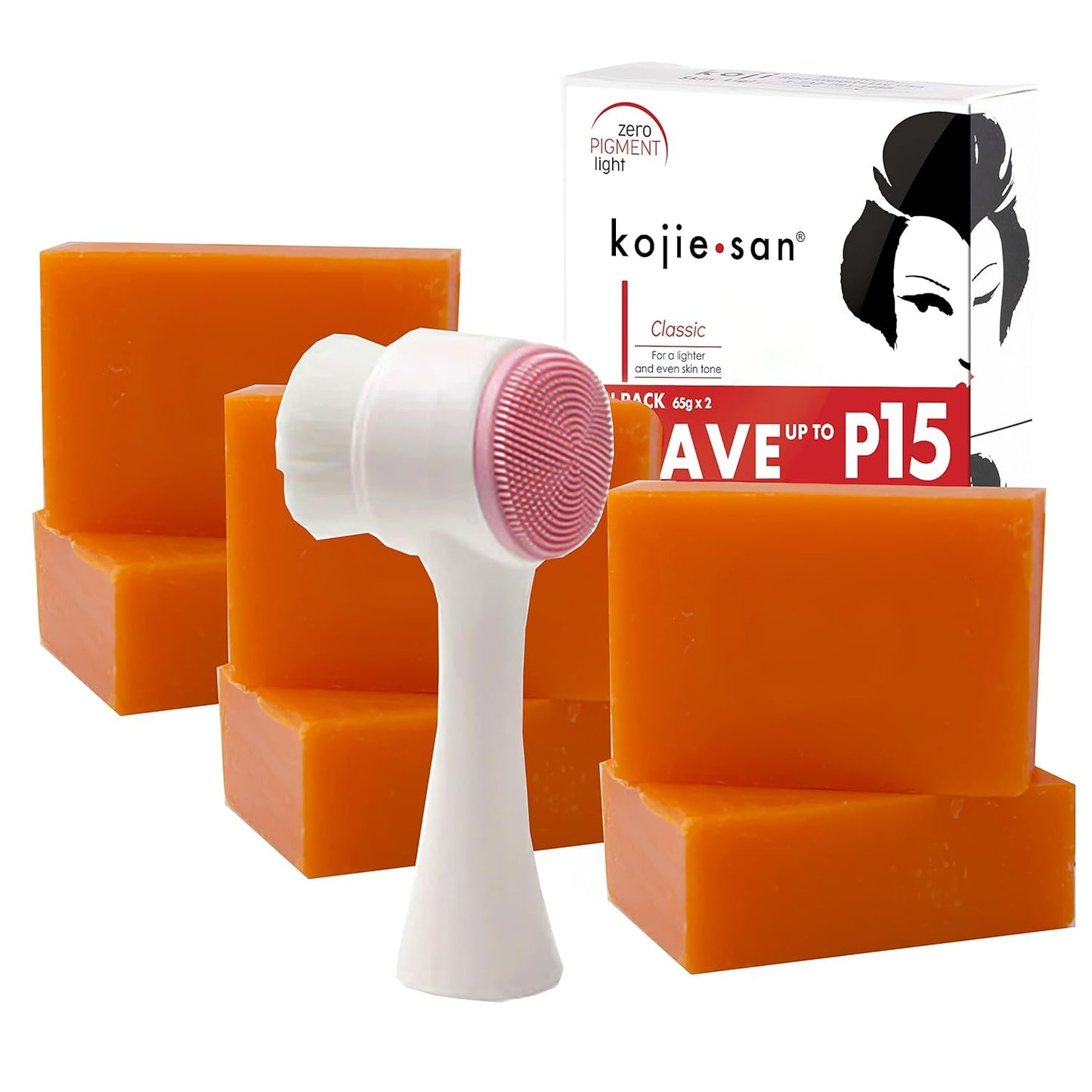 Kojie San Skin Brightening Brush Set - Original Kojic Acid Soap That Helps Reduces Dark Spots & Other Types of Skin Damage â 65g x 6 Bars and Relumins Deep Pore Facial Cleansing Brush