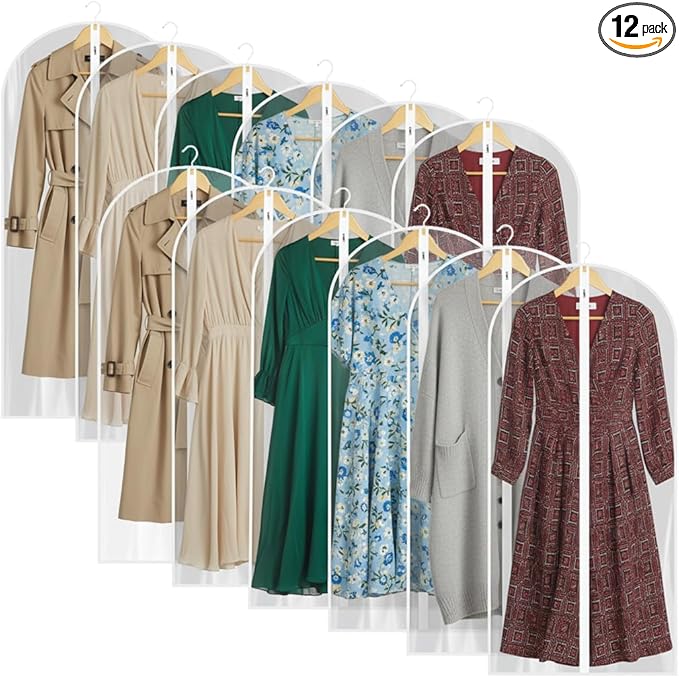 All Clear Garment Bags for Travel - 48â PEVA Waterproof Suit Cover with Zipper for Hanging Clothes, long dress - Durable Dresser for Closet Storage, Dustproof & Moisture Resistant - 48â/12 Pack