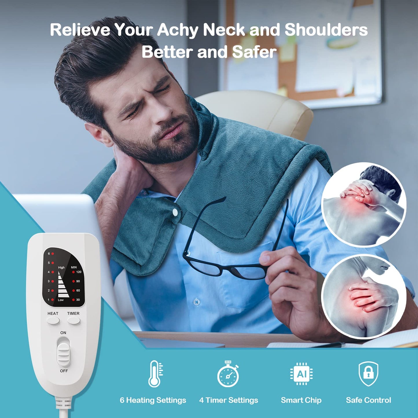 NIUONSIX Heating Pad for Neck and Shoulders and Back, Birthday Gifts for Women Mom Wife Men Dad, Weighted Electric Heated Wrap for Pain Relief and Daily Relax, 6 Heat Settings 4 Timers Auto Off, Blue