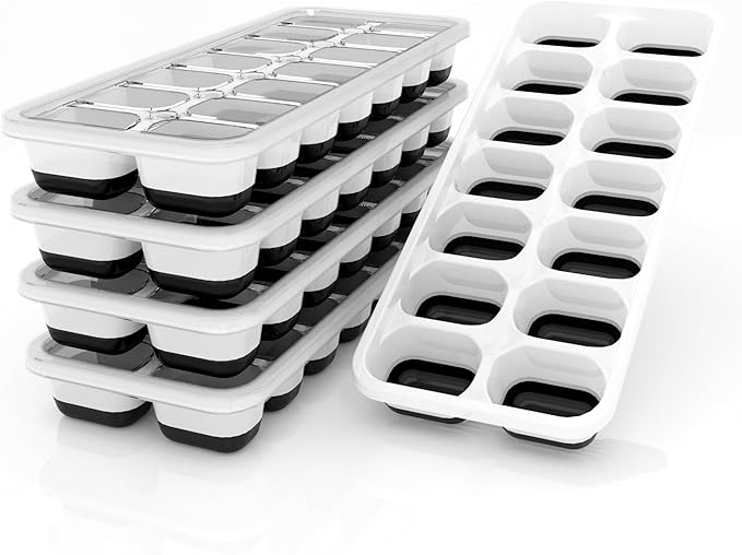 Ice Cube Trays 5 Pack for Freezer â 70 Cubes, Reinforced Snap Lids That Stay Closed, Silicone Push-Release Bottom, BPA-Free PP Frame, Stackable Ice Molds â Modern Home Bar & Everyday Freezer Use
