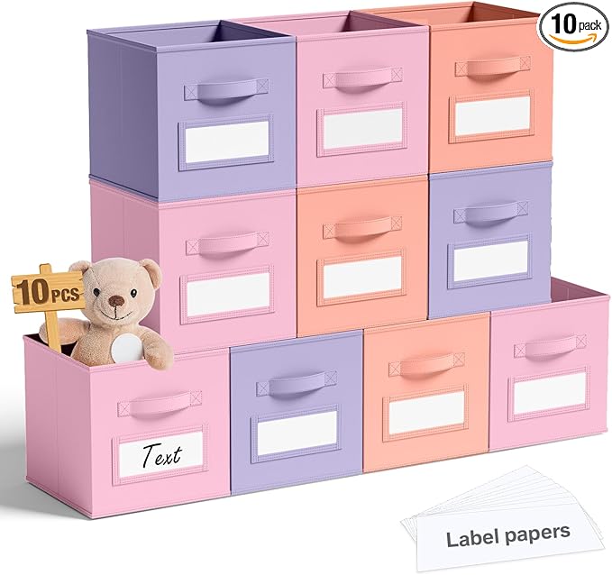 10 Pcs Fabric Storage Cubes with Labels 11 Inch Collapsible Cube Organizer Baskets with Window Cards for Shelf Nursery Clothes Book Toys Storage Bin(Gentle Pink Purple)