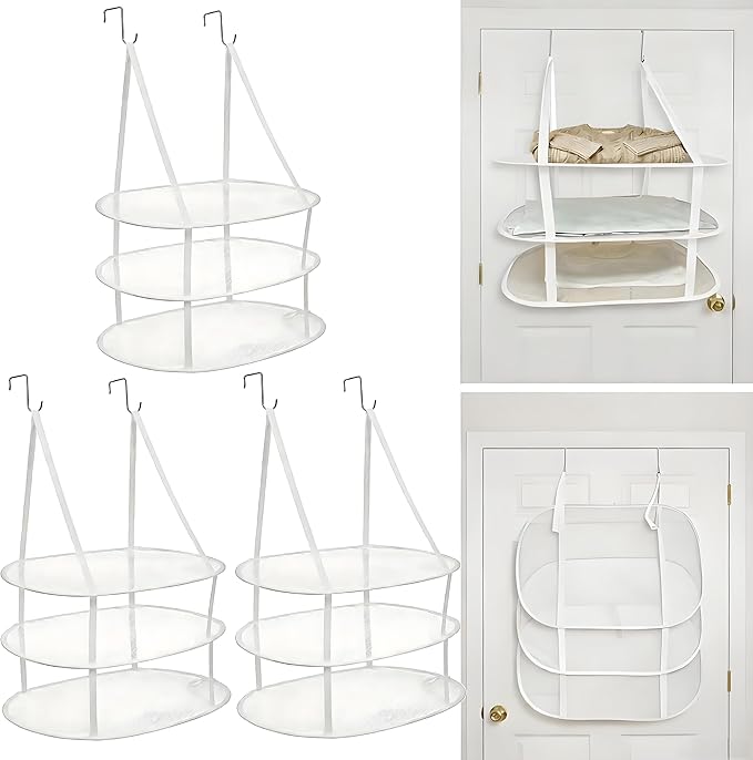 SAMJANE Sweater Drying Rack Hanging â Lay-Flat Warp-Knit Airflow Mesh for Delicates, 3-Tier Foldable Space-Saving Door-Hanging Design for Fast Drying & No Deformation in Small Spaces (White- 3 Pack)