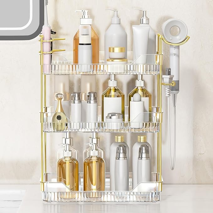 Bathroom Counter Organizer with Hair Dryer Holder and Toothbrush Holder, Acrylic Vanity Tray for Skincare, Perfume, Makeup Storage on Countertop ï¼ Dresser (Clear, 3-Tier)