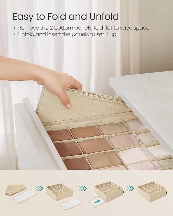SONGMICS 4 Pack Drawer Organizers, 80 Cells (2x16+2x24), Foldable Dividers, 11.8 x 11.8 x 3.9 Inches, for Socks, Underwear, Ties, Belts, Summer Sand URUS011K01