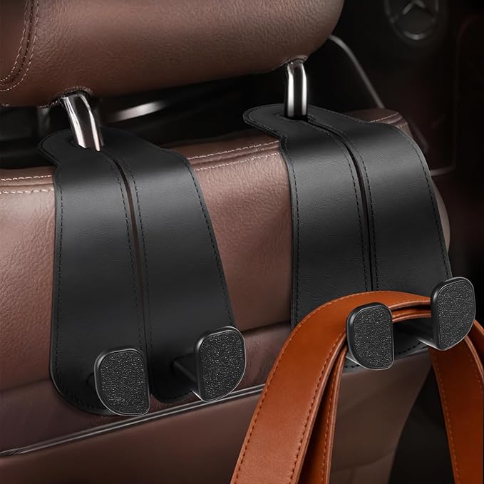 CoBak Extra Wide Car Seat Back Hooks, Premium Stitched Leather Headrest Hangers with Wide Slot Structure, Universal for Any-Width Purses, Handbags, Bags (2 Pack),Black
