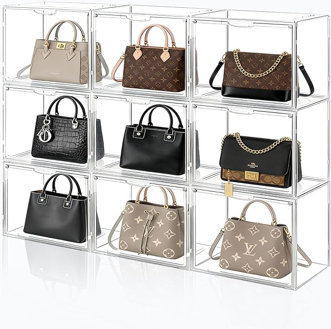 4Pack Purse Organizer for Closet Clear Acrylic Display Case Handbag Storage Organizer Box with Magnetic Door Stackable Storage Bins with Dustproof Lid for Book Toys Shoes Cosmetic Collectibles