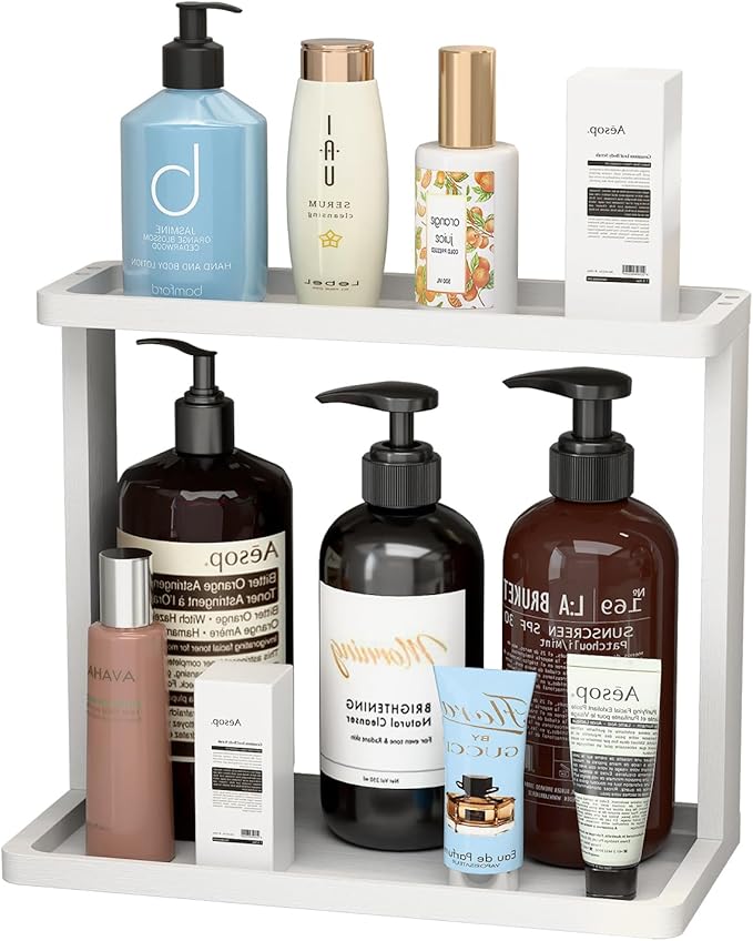 PEKER Bamboo Bathroom Organizer Countertop â Small Vanity Storage Shelf for Makeup, Perfume, Skincare â Natural Cosmetics Display Rack for Dresser, Sink, Kitchen âWhite