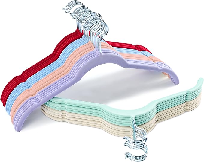 30 Pack Velvet Hangers Multicolor Set â Non-Slip Slim Flocked Clothes Hangers with Notches & 360° Swivel Hook, Space-Saving Felt Hangers for Dresses, Shirts, Coats