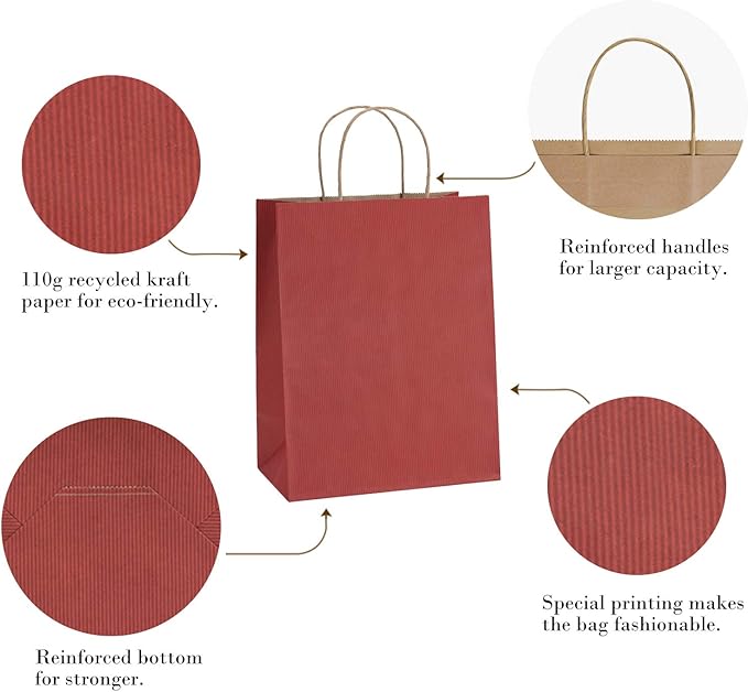 BagDream Gift Bags 8x4.25x10.5 100Pcs Kraft Paper Bags with Handles Bulk, for Shopping, Retail, Merchandise, Gifts, Party Favor, Recycled Red Paper Sacks