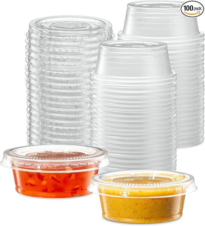 {1.5 oz - 100 Sets} Clear Diposable Plastic Portion Cups With Lids, Small Mini Containers For Portion Controll, Jello Shots, Meal Prep, Sauce Cups, Slime, Condiments, Medicine, Dressings, Crafts, Disposable Souffle Cups & Much more