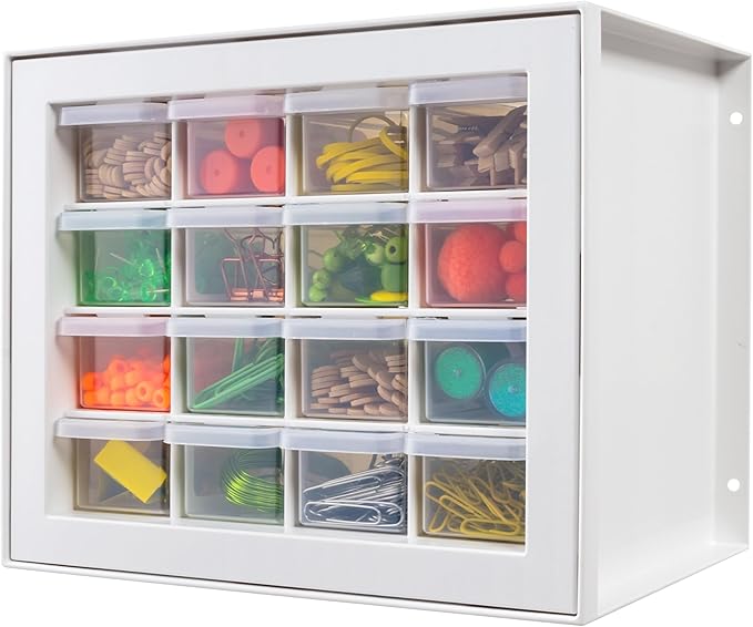 IRIS USA Small Plastic Storage Drawers, 16-Drawer Organizer, Made in USA, Stackable Teacher Toolbox for Crafts, Art Supplies, Nuts, Bolts, Building Bricks, Drink Mix & Water Flavor Packets â White