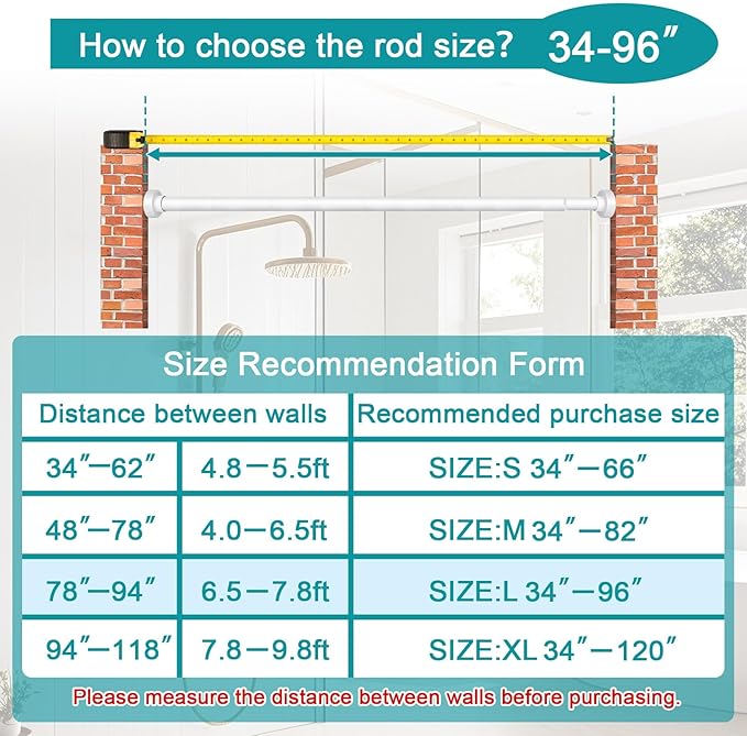 YNL Tension Shower Curtain Rod 34-96 Inches(2.8-8ft) Adjustable Spring Shower Rod No Drilling, Non-Slip, Never Rust, Stainless Steel, Suitable for Bathroom Window Kitchen,White