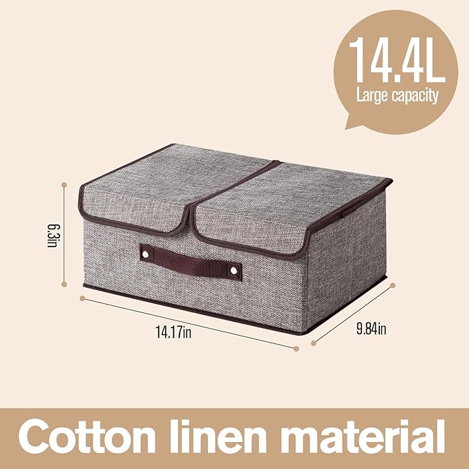 Linen Storage Boxes with Removable Dividers, 2-Pack Large Foldable Organizer Bins, Gray Fabric Containers with Handles for Clothes, Blankets, Underwear Storage (Beige, 2Pack*15L)