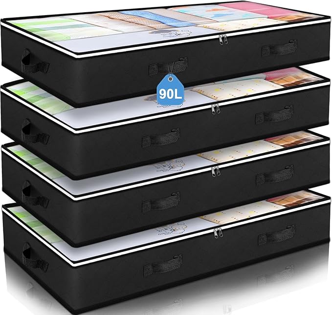 Budding Joy 90L Under Bed Storage Containers, Closet Organizers and Storage Bins, Foldable Underbed Storage Bags for Blankets, Towels, Comforter, Sweaters, Pillows, Linen Sheets, Wrapping Paperï¼Black