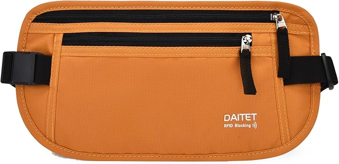 RFID Blocking Money Belt for Men Women, Slim Fanny Pack for Travelï¼Running,Conceal Waist Wallet for Passport Holder,Phone,Cash(Brown Orange)