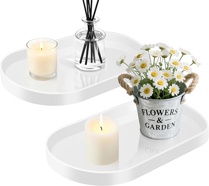 Acrylic Vanity Serving Trayâ14"x8.5" Decorative Capsule Shape Tray for Bathroom, Dresser, Coffee Table â Sleek Minimalist Lucite Tray for Perfume, Jewelry, Makeup Organizer (2Pack, Glossy White)
