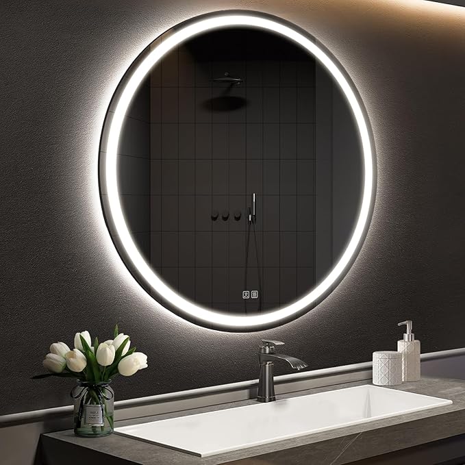 APRILSOUL 40 Inch Round LED Bathroom Mirror with Lights, Makeup Mirror with Front and Backlit, Anti-Fog, 3 Colors and Dimmable Light