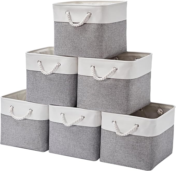 13Ã15Ã13 Inch Storage Cubes,6 Pack Cube Storage Bins for Shelves,Fabric Collapsible Storage Bins with Handles, Foldable Storage Basket for Organizing Clothes,Books (White&Gray,13"x15"x13")