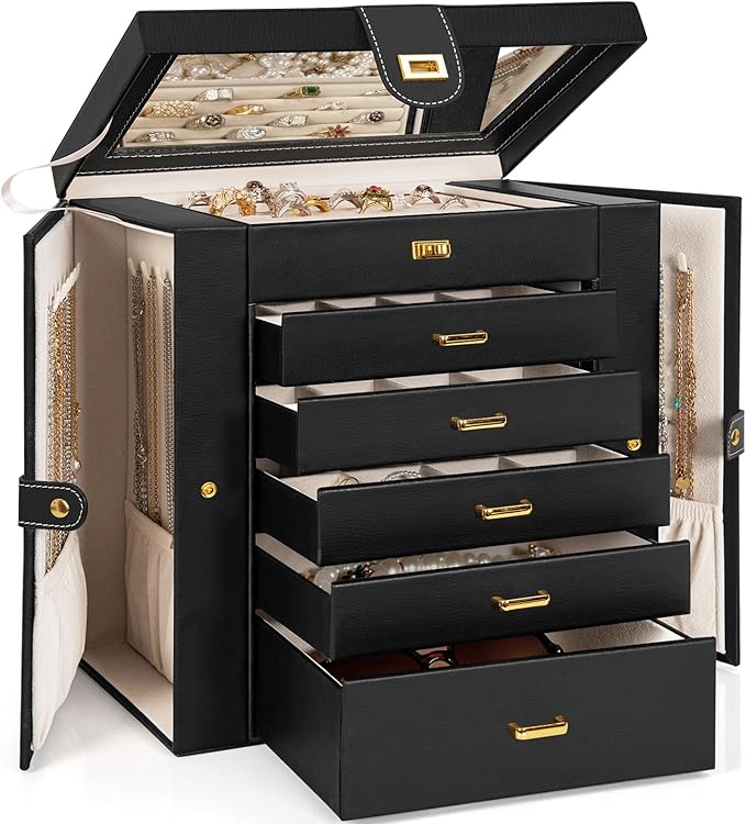 AKOZLIN Huge Jewelry Box Organizer Functional Lockable, Large Leather Jewelry Storage Case for Women Girls Ring Necklace Earring Bracelet Holder Organizer with Mirror
