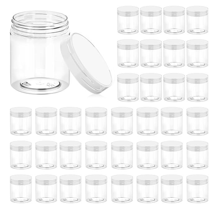 Eternal Moment 36 Pack 8 OZ Plastic Jars Round Clear Cosmetic Container Jars with Clear Lids, Perfect for Lotion, Slimeï¼Cream, Ointments, Makeup, Eye Shadow, Samples, Pot, Travel Storage