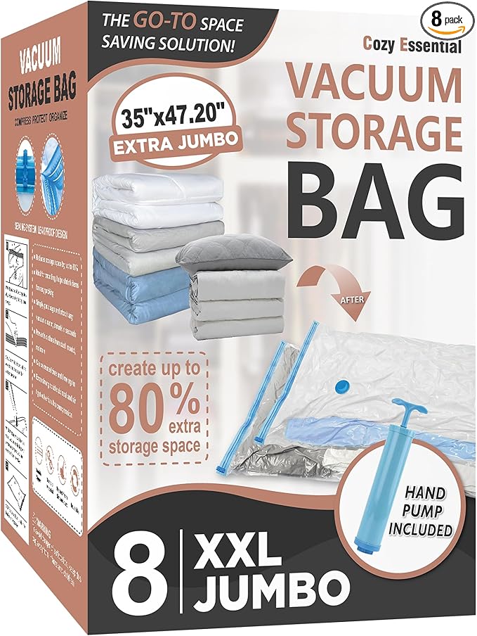 Cozy Essential 8 Pack XXL Jumbo Vacuum Storage Bags, Extra Large Vacuum Seal Bags for Comforters, Bedding, Blanket Storage, Giant Space Saver Bags for Huge Stuffed Toy(47.2x35 in)
