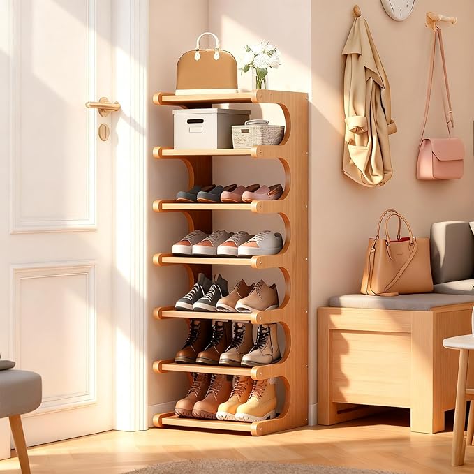 7-Tier Vertical Shoe Rack, Bamboo Free Standing Shoe Rack Shelf, Shoe Storage Stand, Entryway Shoe Tower, Vertical Shoe Organizer for Narrow Closet, Entryway, Hallway