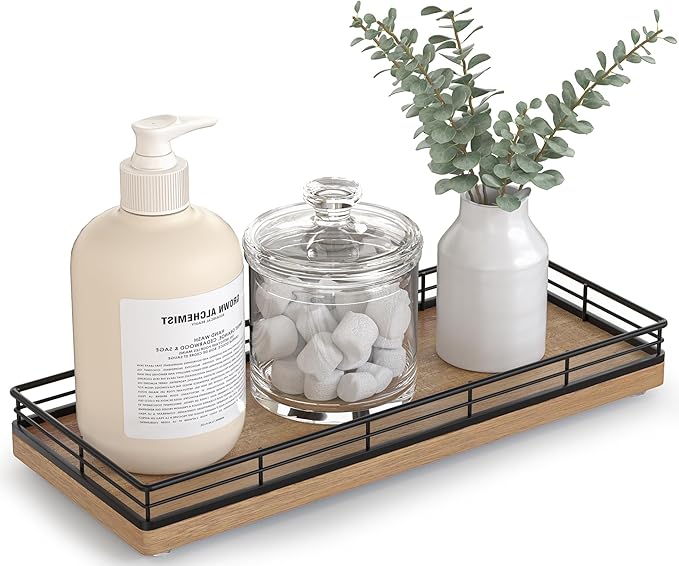 Bathroom Tray for Counter Top Organizer â Acacia Wood Vanity Tray with Metal Frame for Dresser, Kitchen, Nightstand â Black & Acacia Decorative Storage