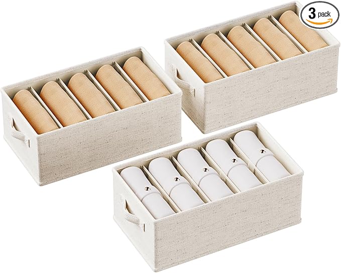 3 Pack Large Wardrobe Clothes Organizer and Storage, Fabric Sweater Organizer for Closet with Handles 5 Grids Foldable Drawer Dividers for Pants, Jeans, T-shirts, 20.8"Ã11.2"Ã7.5"