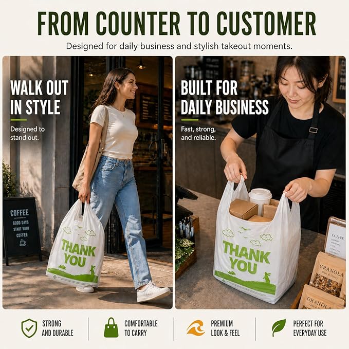 YoYoRain White Thank you T shirt bag, Grocery shopping bag Reusable and Disposable Supermarket Bag 11''x6''x21'' 300PCS