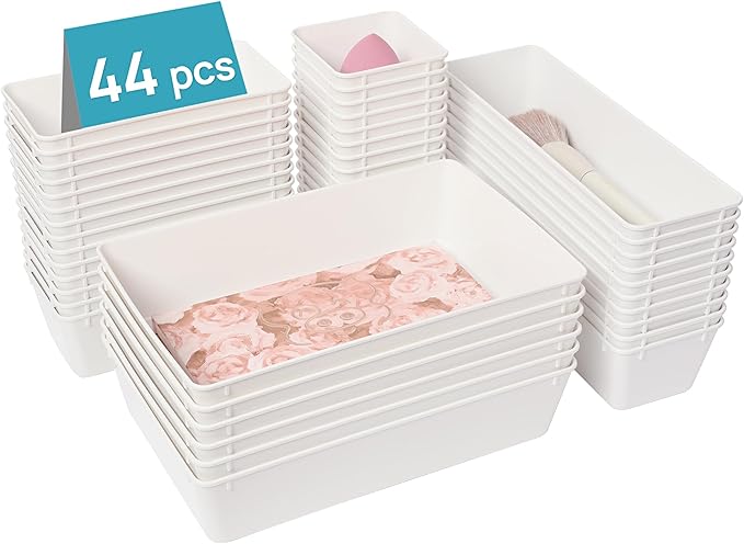 Vtopmart 44 PCS Plastic Drawer Organizers Set, 4-Size Versatile Bathroom and Vanity Organizer Trays, Non-Slip Storage Containers for Makeup, Jewelries, Bedroomï¼Kitchen Utensils and Office, White