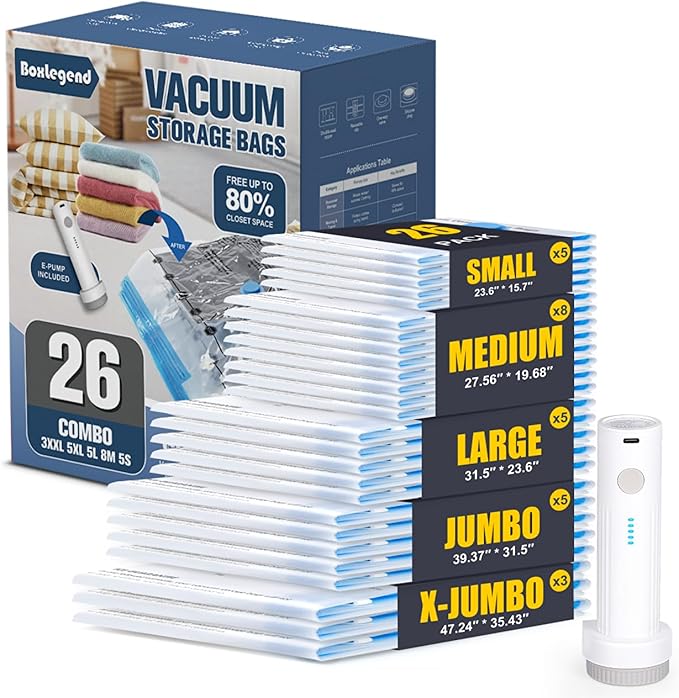 BoxLegend Vacuum Storage Bags with Electric Pump 26 Combo (3X-Jumbo, 5 Jumbo, 5 Large, 8 Medium, 5 Small) Thickened Vacuum Seal Bags for Clothing Space Saving for Coat Quilt Blanket Pillow Comforters