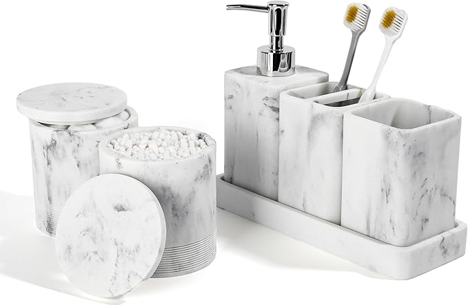 Bathroom Accessories Set, 6 Piece Bathroom Set with Toothbrush Holders, Soap Dispenser, Vanity Tray, Tumbler, Cotton Swab Jars, Bathroom Organizerï¼Bathroom Sink Sets, Artificial Marble White
