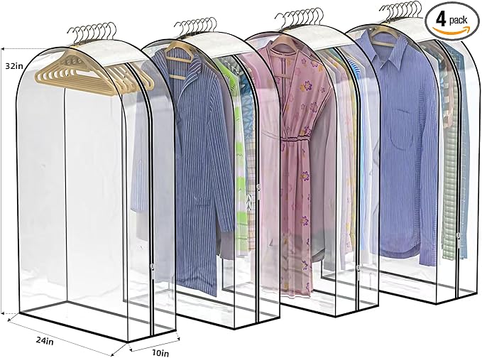 Upgraded Thickened Clear Garment Bags for Hanging Clothes 4 Packs, 10â Gusseted Clothes Hanging Storage Bags for Closet, Shirts, Coats, Dresses (32 inch)