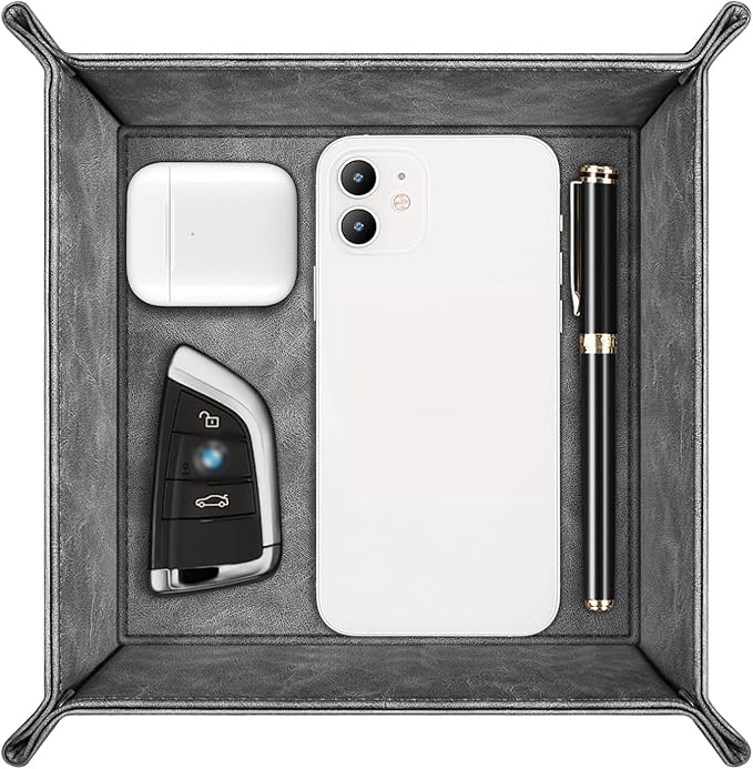 SITHON Valet Tray Desktop Storage Organizer â Premium PU Leather Catchall Bedside Vanity Tray Nightstand Caddy Holder for Remote Controller, Keys, Phone, Wallet, Coin, Jewelry (Gray)