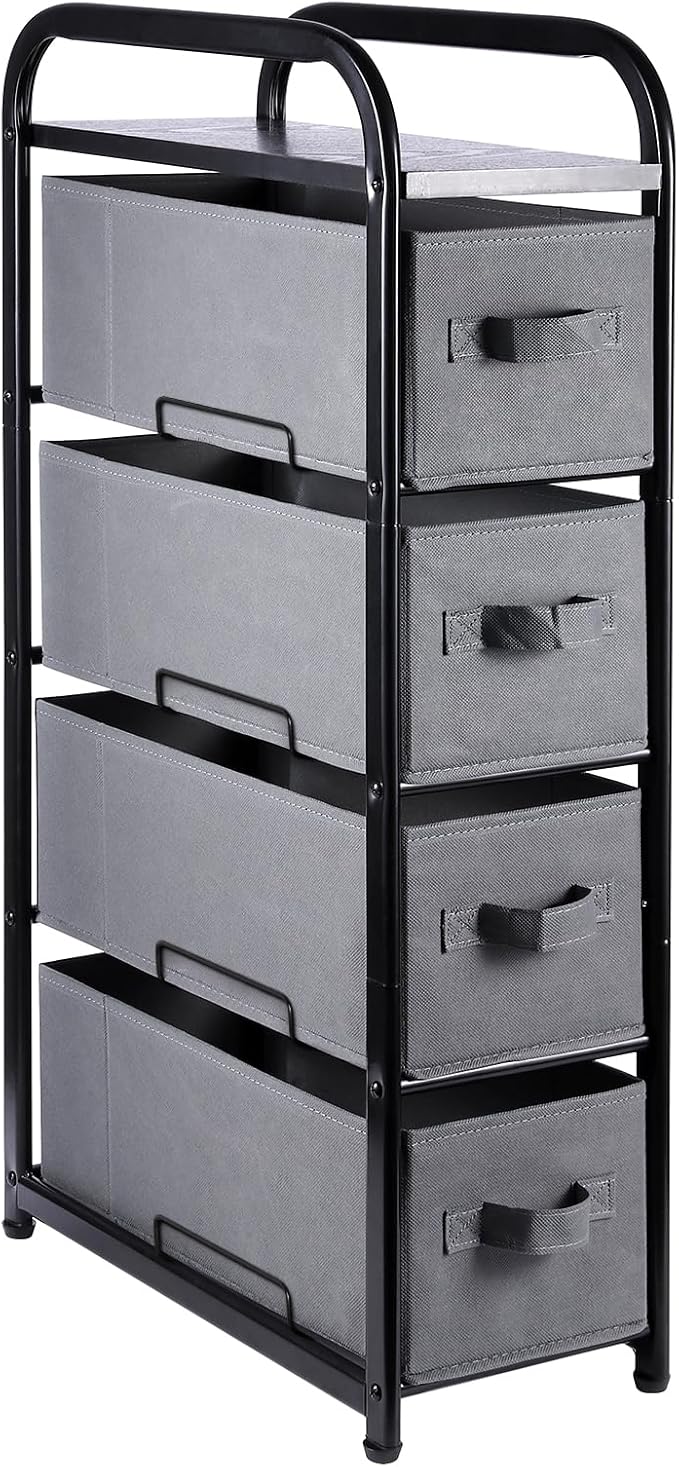 MAX Houser 4 Drawer Narrow Dresser Fabric Storage Tower Vertical Slim Storage Chest Organizer Nightstand Side/End Table Small Standing Organizer Removable Drawers Wood Top for Bedroom, Bathroomï¼Grey