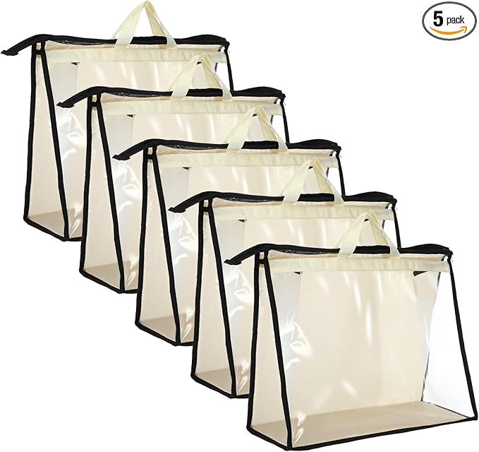 5 PCS Hanging Handbag Storage Organizer Non-Woven Transparent Dust-proof Homewares Purse Wallet Closet Storage Bag with Zipper and Handle (XL) 