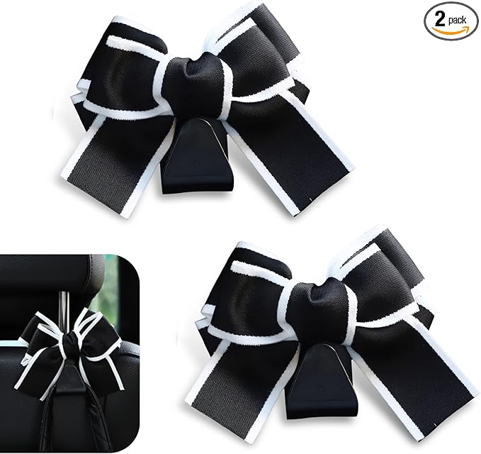 2PCS Car Seat Headrest Hooks, Car Purse Hook for Car, Cute Bow Car Rear Seat Storage Hooks, Interior Decorating Accessories for Purses, Bags, Umbrellas (Black-White)