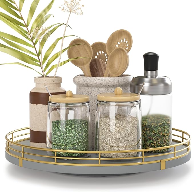 10" Wooden Lazy Susan Turntable for Cabinet â Rotating Spice Rack Organizer, Small Gray Kitchen Countertop Round Tray for Dining Table & Pantry Storage