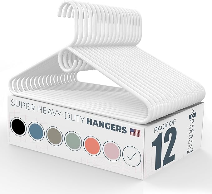 Neaties Super Heavy Duty Clothes Hangers 12 Pack â Made in The USA - 10lb Capacity, Thick Plastic Hangers for Pants, Coats, Jackets, Jeans and Adult Clothing â White