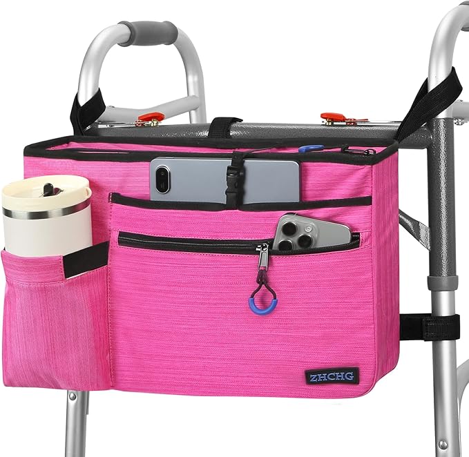 Walker Bag with Cup Holder, Walker Accessories for Seniors Detachable, Foldable Walker Basket with Big Capacity, Best Gift- Pink (Not Fit Rollator Walkers)